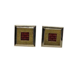 Vintage Gold Tone Orange Enamel Square Cufflinks with Bell Mark